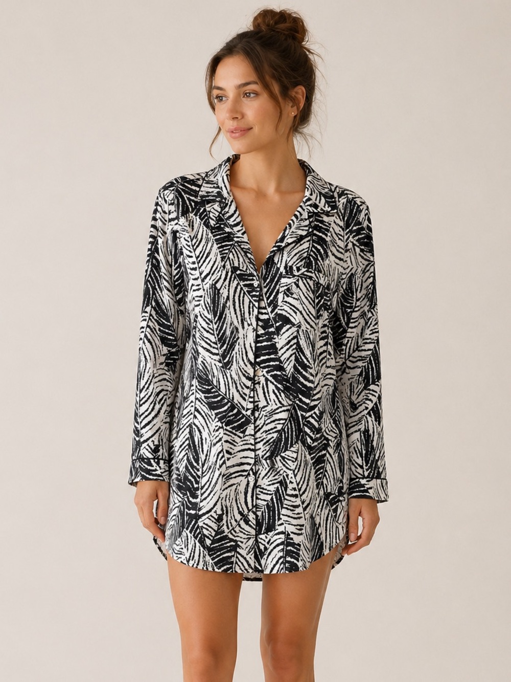 Cynthia Rowley Black & White Leaf-Print Swim Cover-Up Shirt